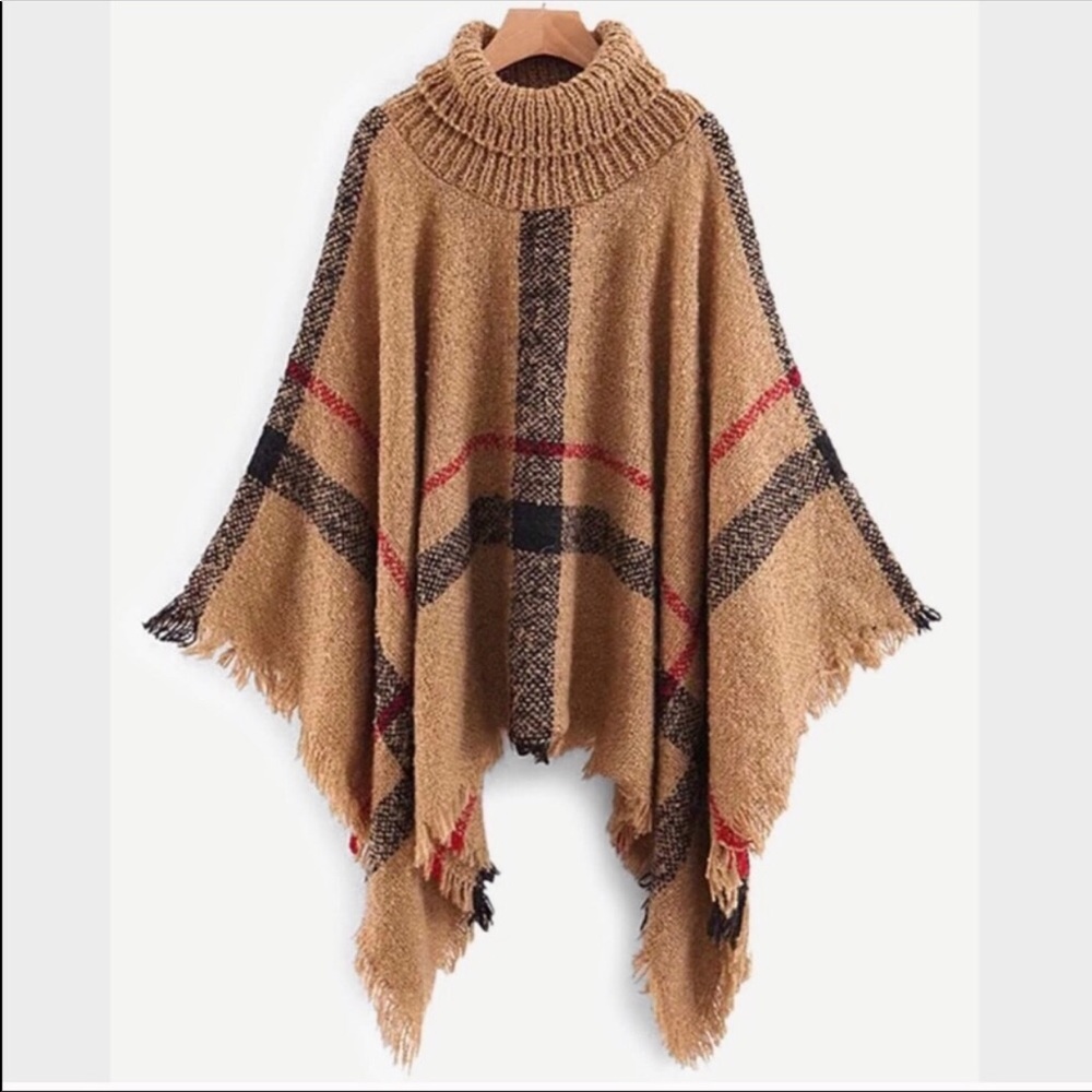 Plaid Poncho Cardigan Scarf Shawl Kimono-CAMEL - Picture 6 of 8